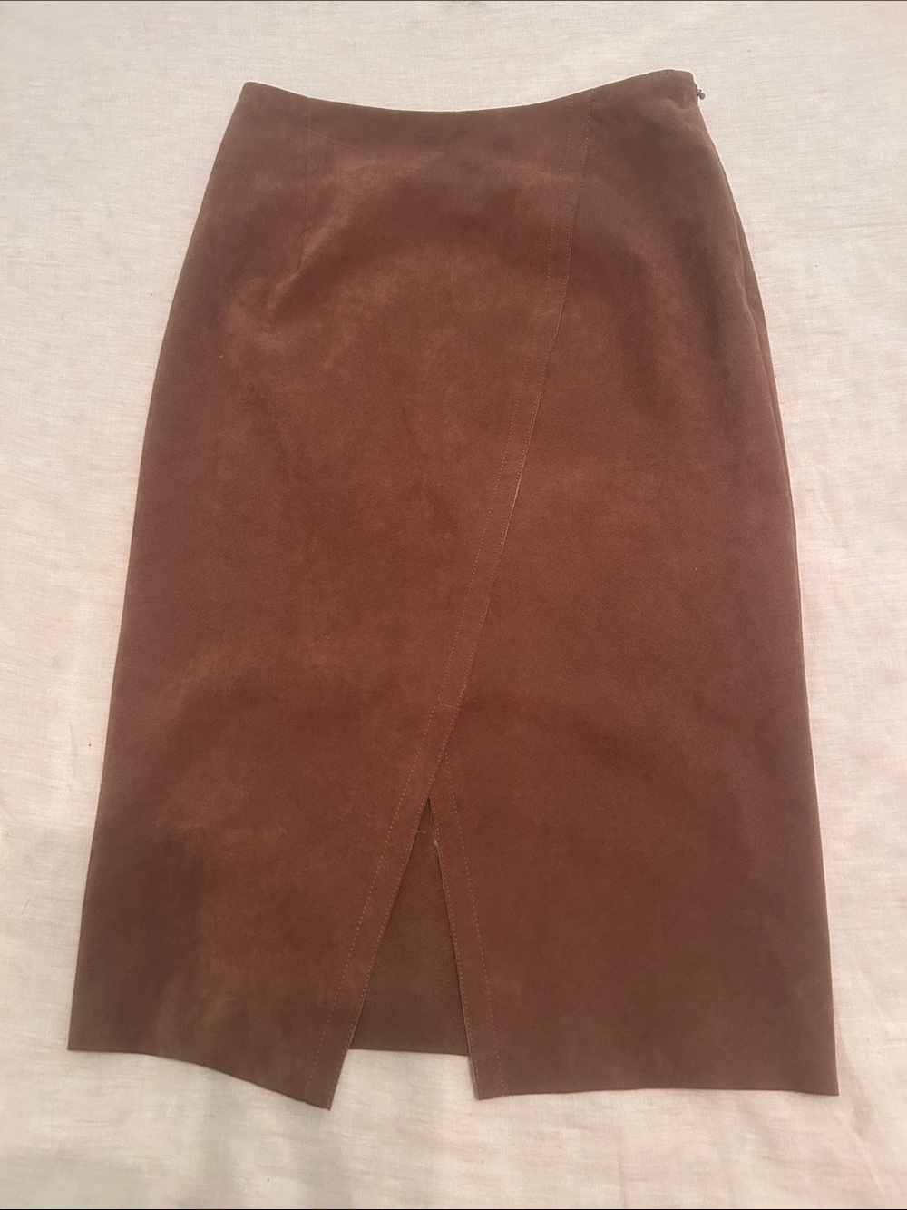 Brown Suede Pencil Skirt with Front Notch